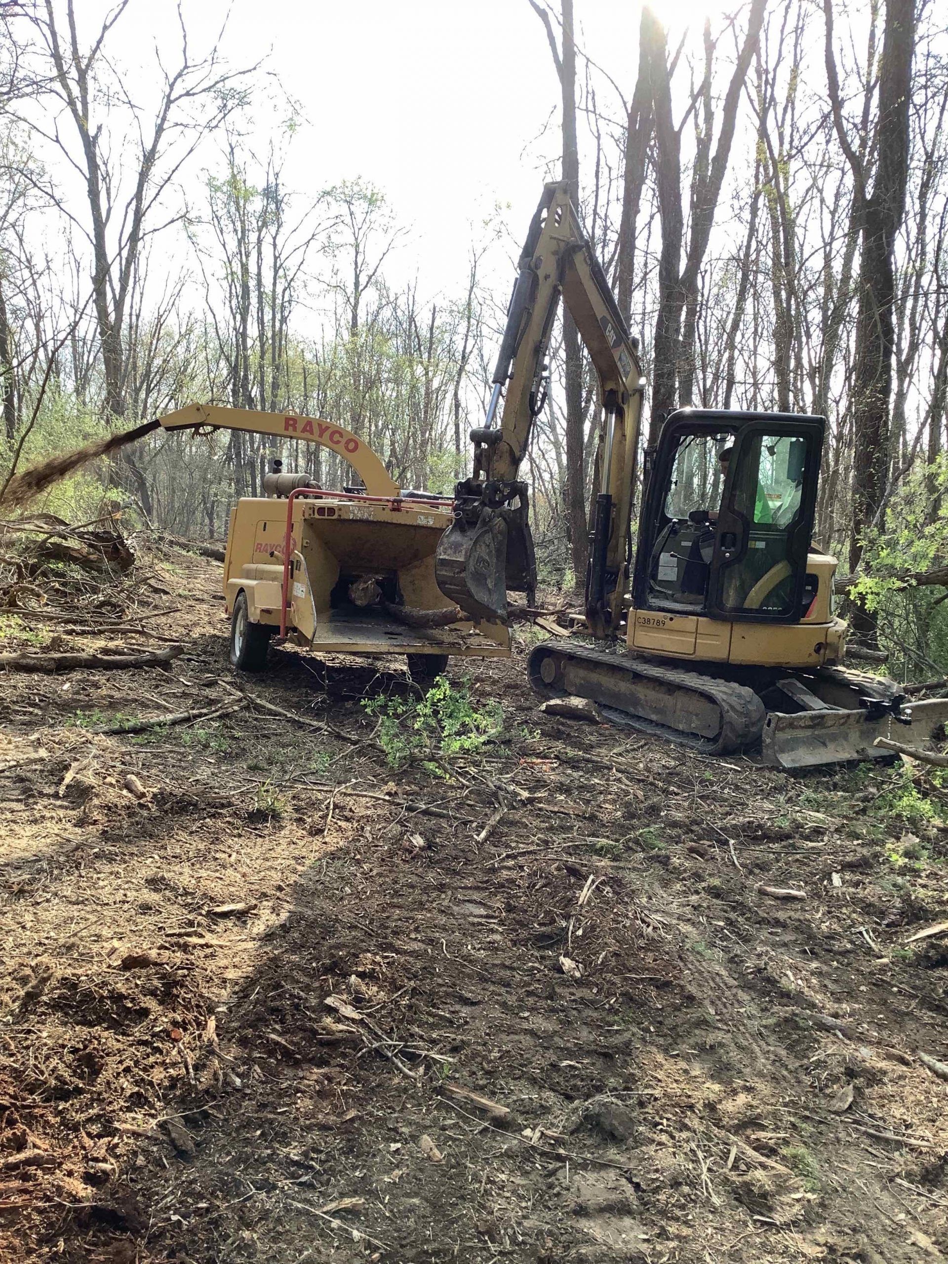 A wood chipper being fed by an excavator in a wooded area. The excavator and chipper are yellow.