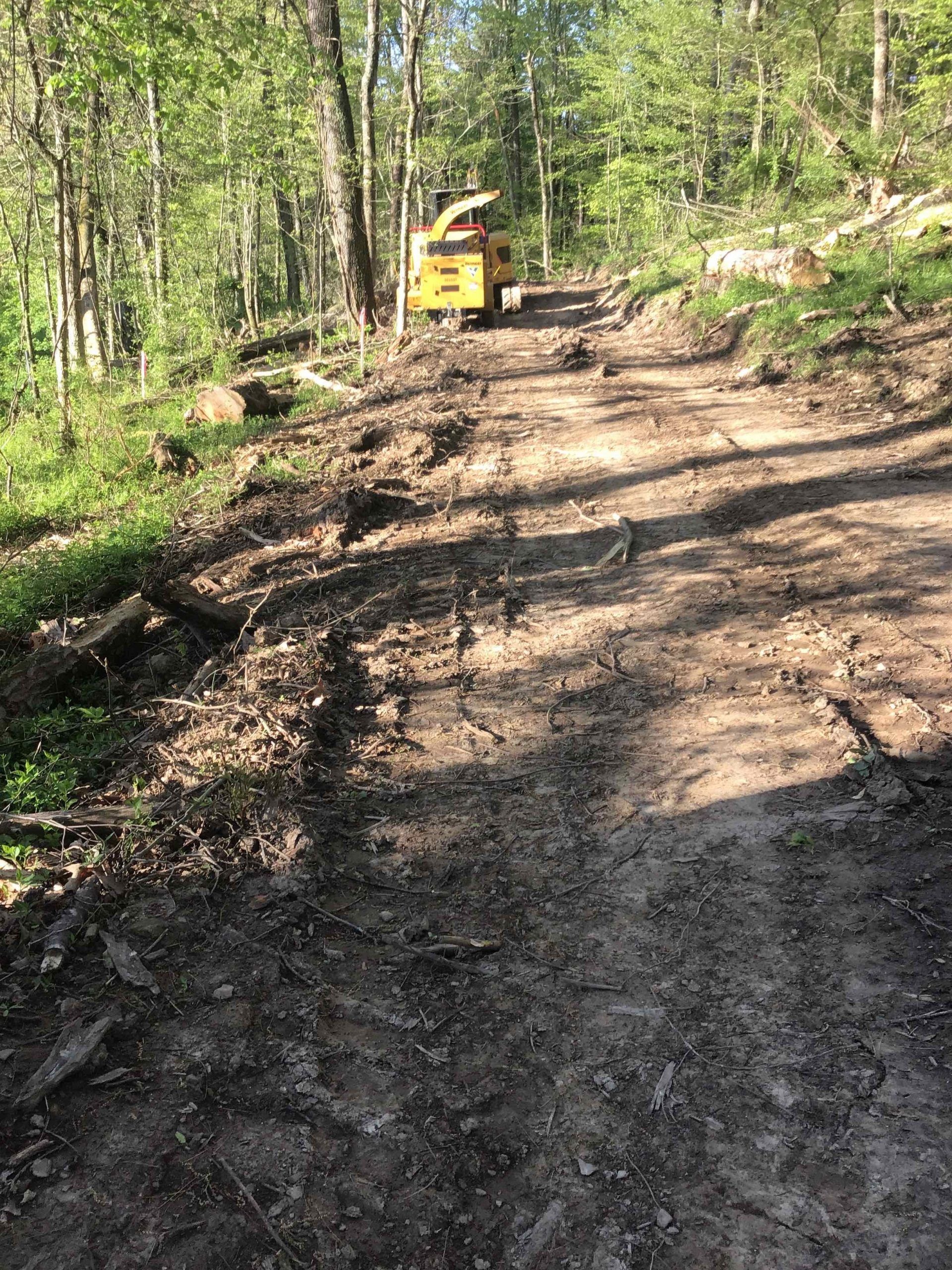 Dirt path through a wooded area with a wood chipper at the top of a hill.