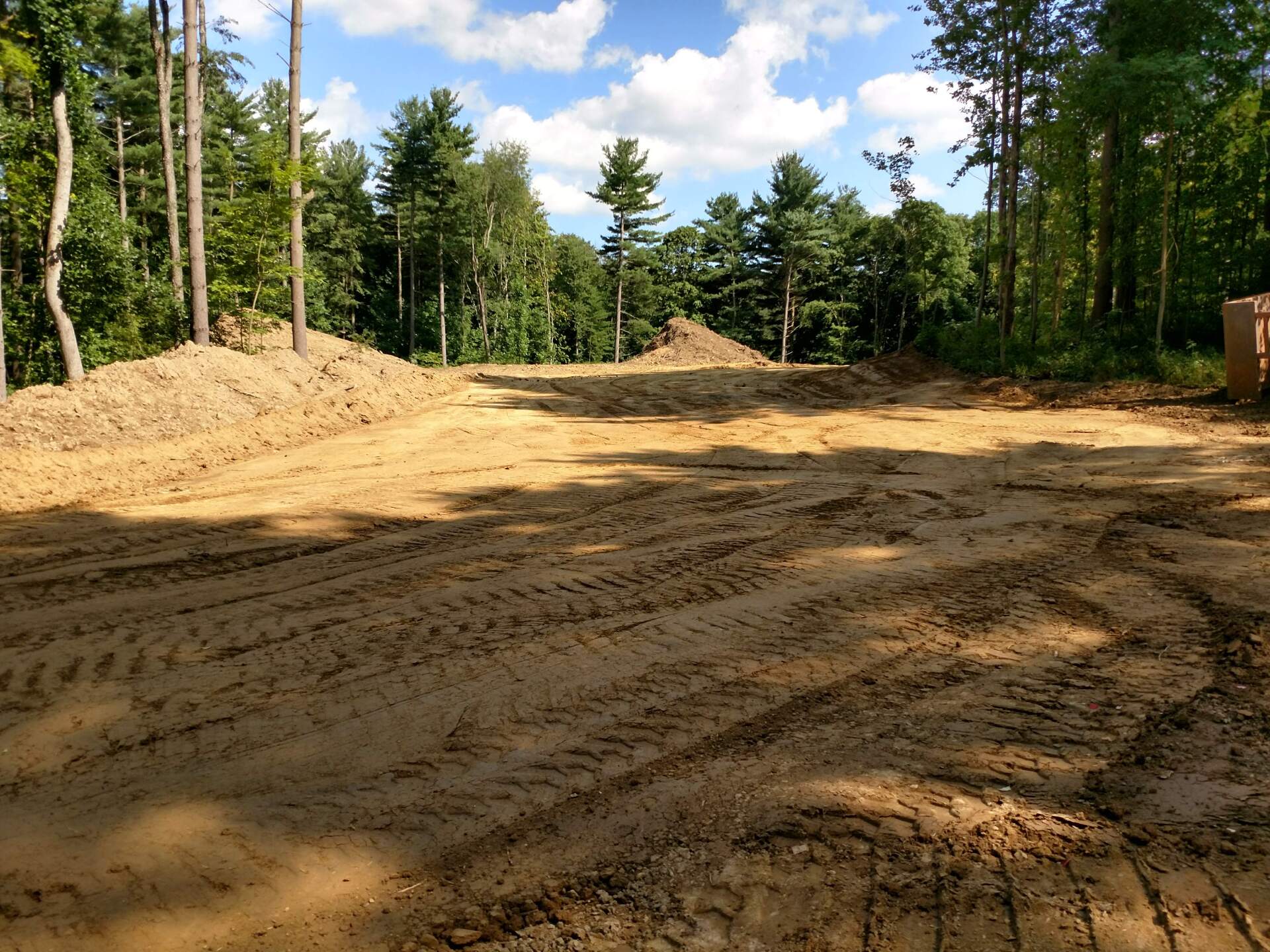 Cleared land, dirt, with tire tracks, surrounded by trees and a bright sky.