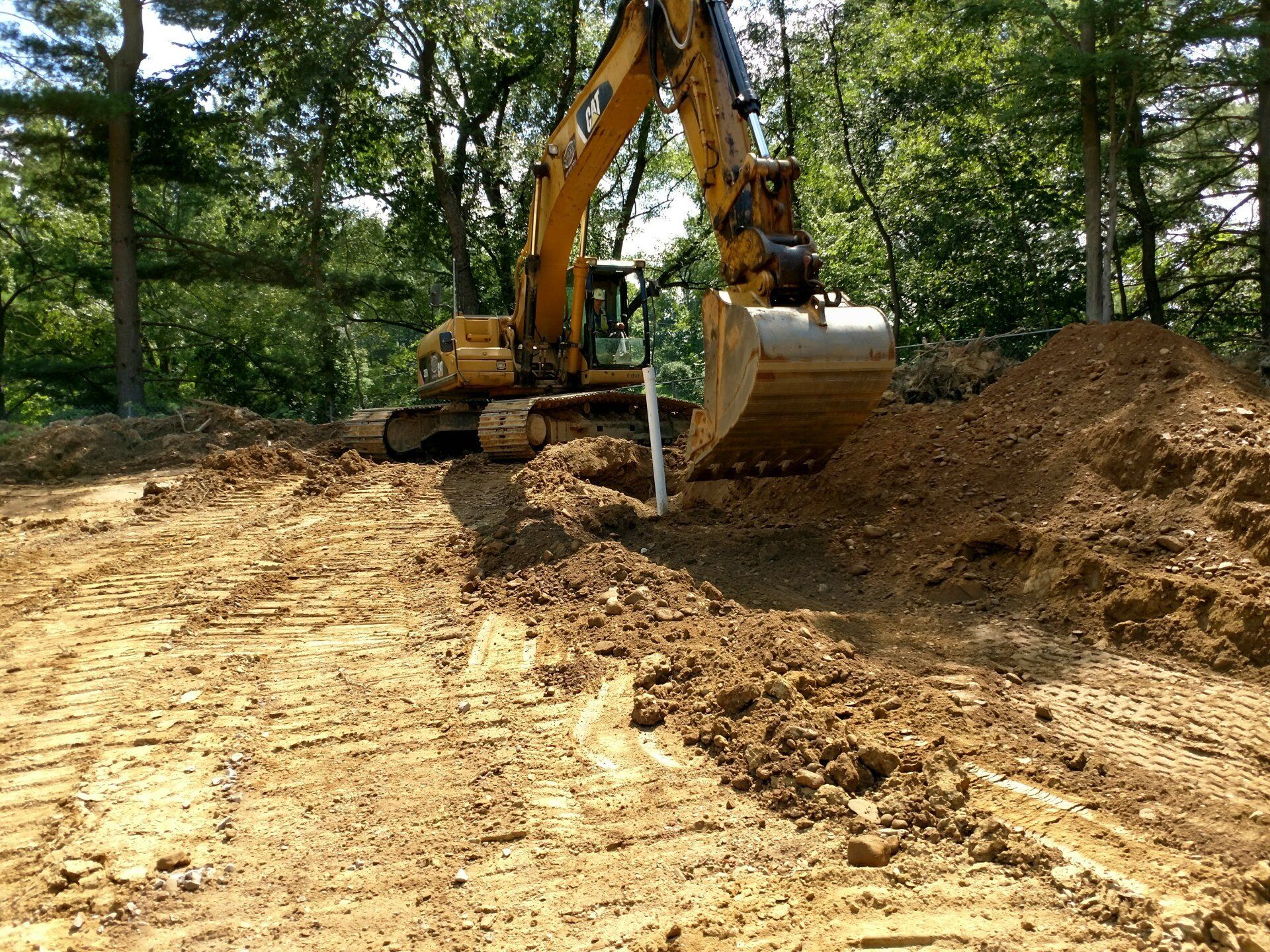 Excavator digging into a pile of dirt, surrounded by trees.