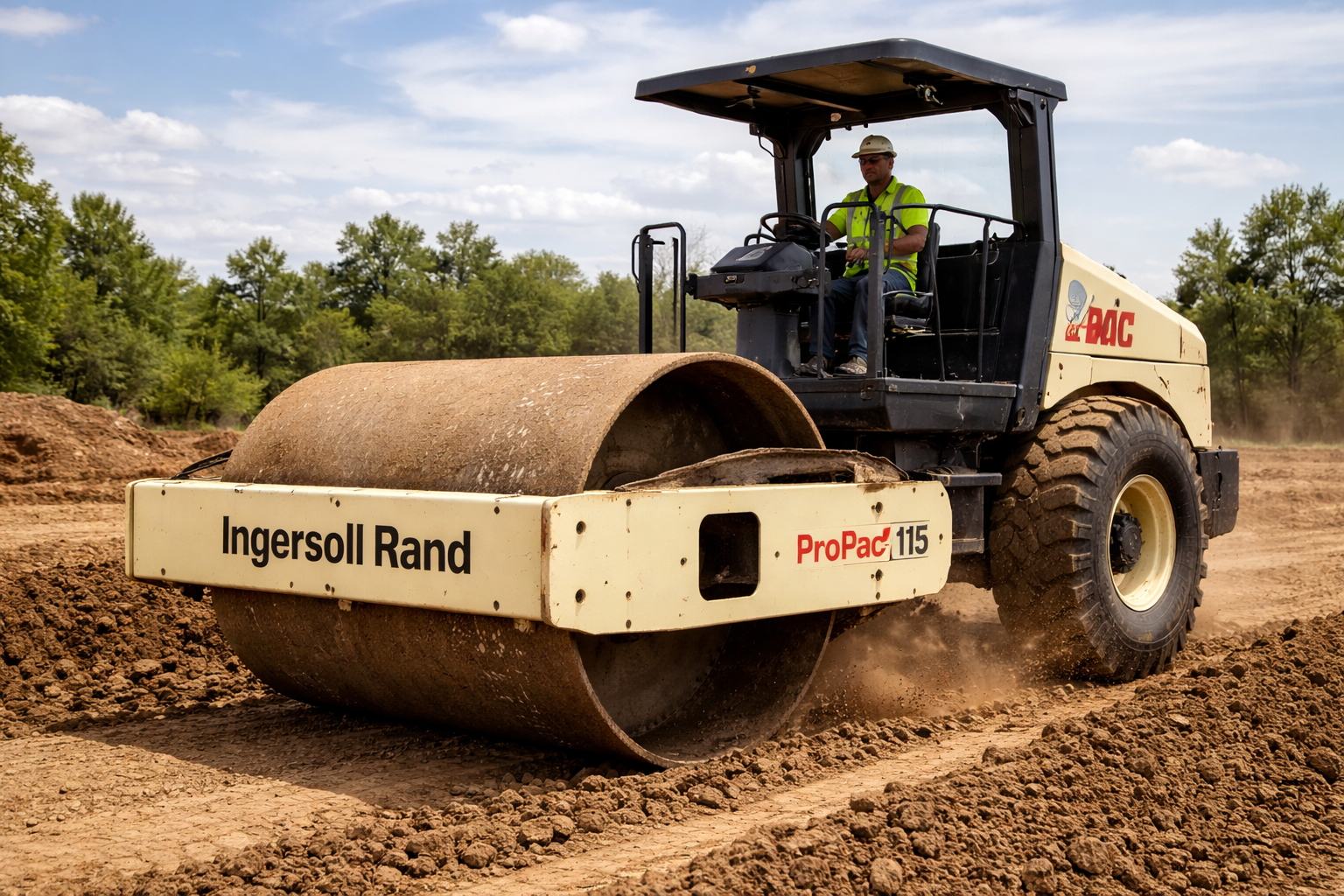 A construction worker operating a beige Ingersoll Rand ProPac 115 soil compactor.