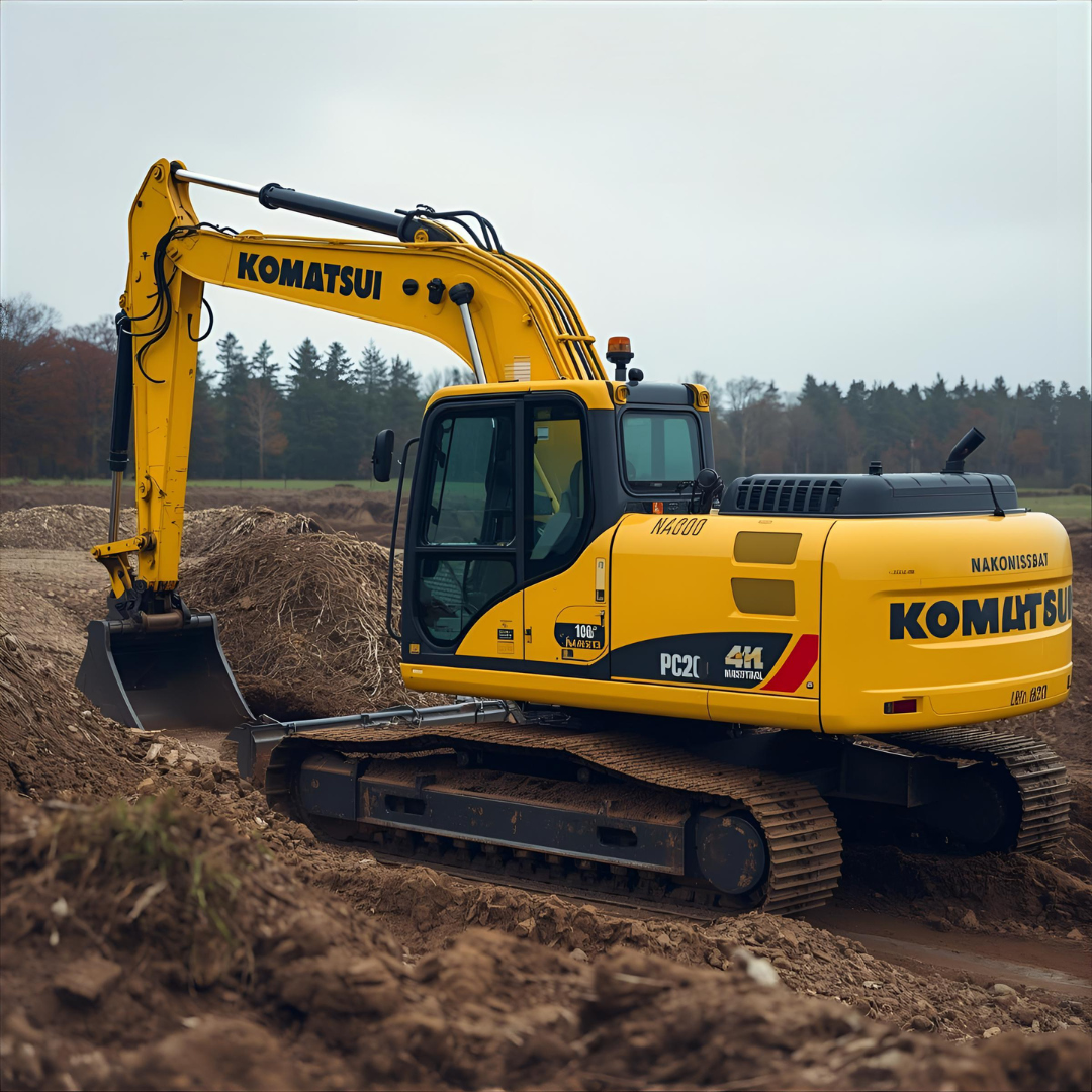 Yellow Komatsu excavator digging earth in a field with trees in the background.