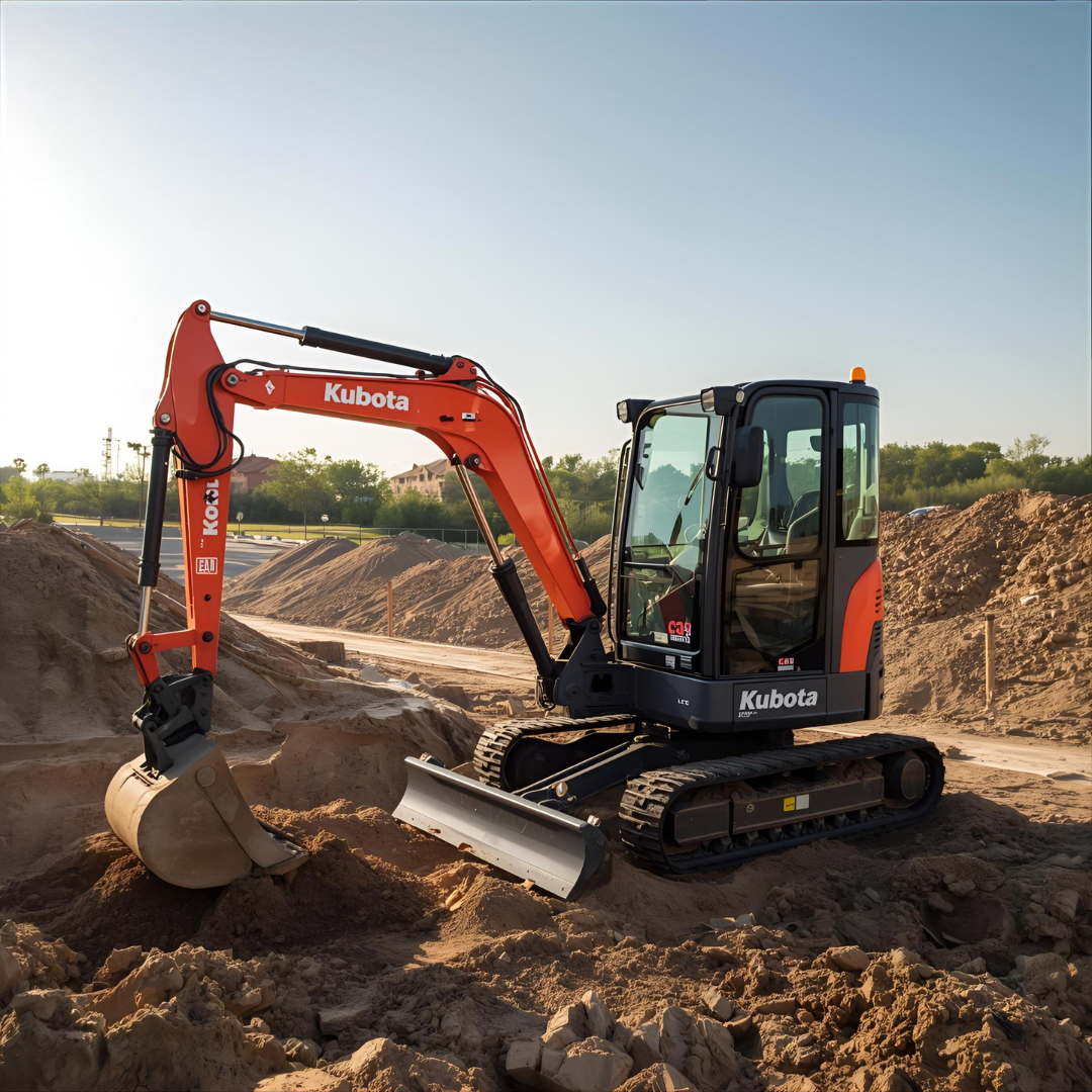 Orange and black Kubota excavator digging in dirt on a sunny day.