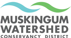 Logo: Blue and green wavy lines above text