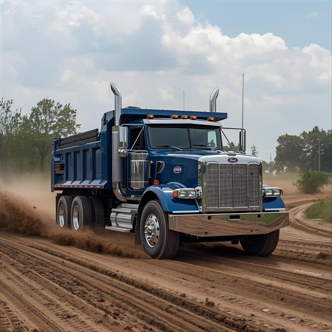 Blue dump truck driving on a muddy dirt road, kicking up dust.