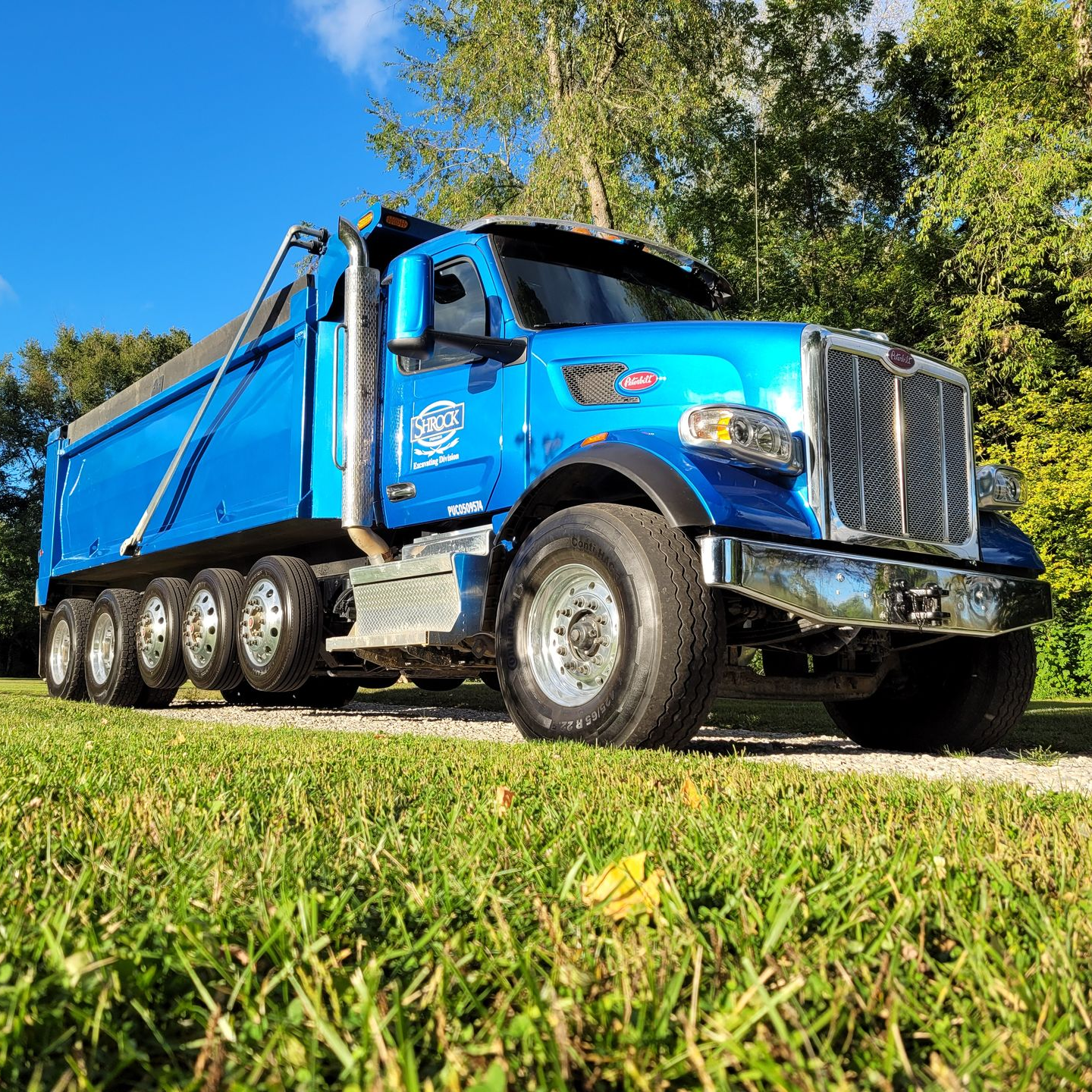 Bright blue dump truck on a grassy lawn. Sunlight shines on the shiny metal grill, wheels and body.