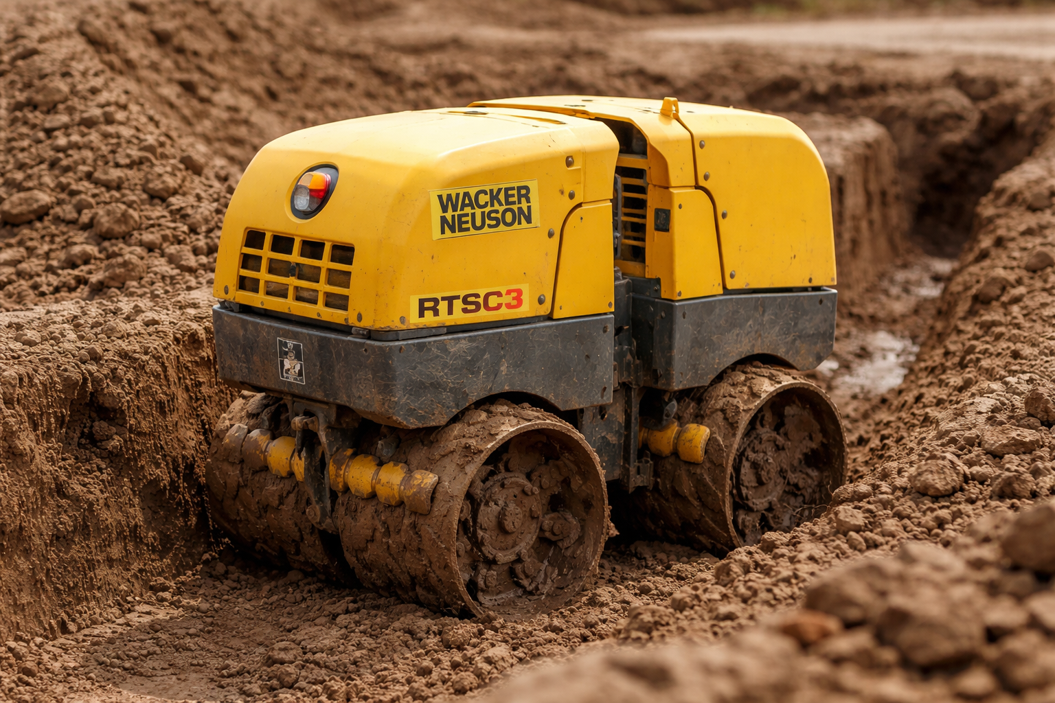 Yellow Wacker Neuson RT5C3 trench compactor compacting soil in a ditch.