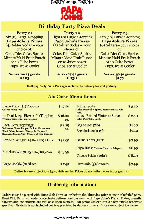 Papa John's pizza menu
