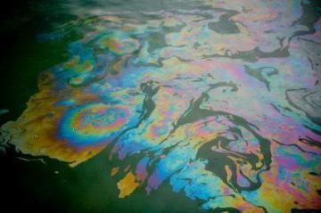 Rainbow oil slick shimmering on dark water with iridescent blues, pinks, and greens