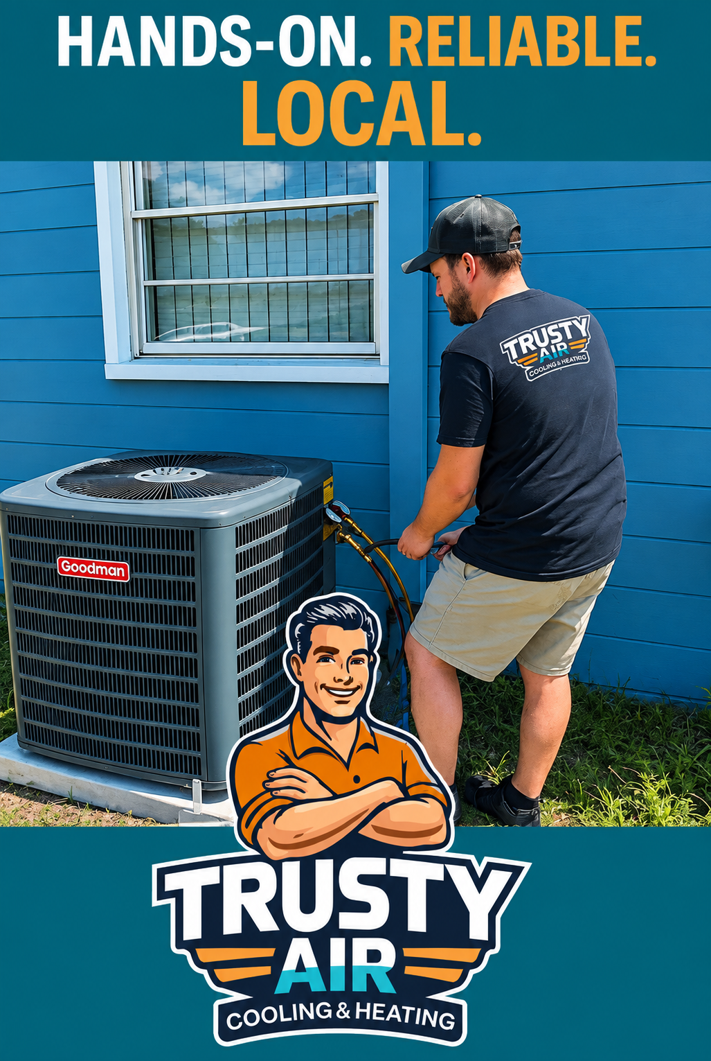 Technician servicing an outdoor AC unit beside a blue house, with “Trusty Air” branding and slogan.