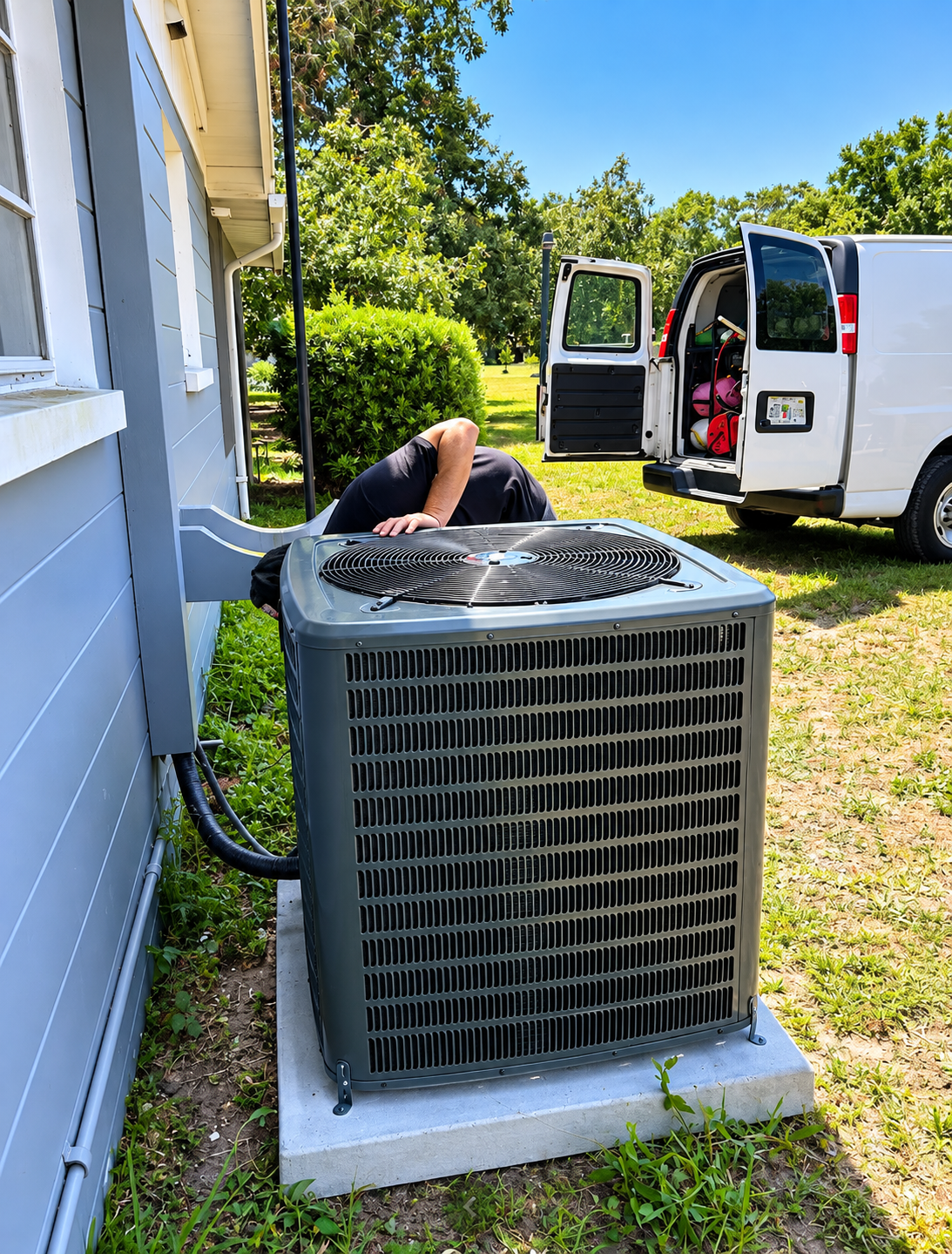 Outdoor HVAC unit beside a house, with a worker near an open white service van in the yard.