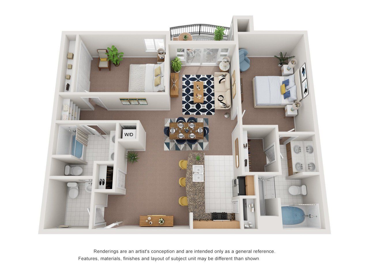 2 beds, 2.5 baths floor plan