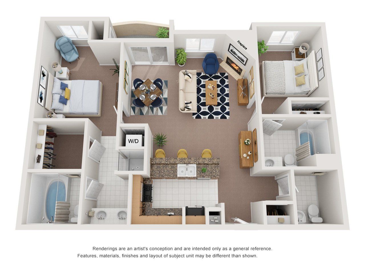 2 beds, 2.5 baths