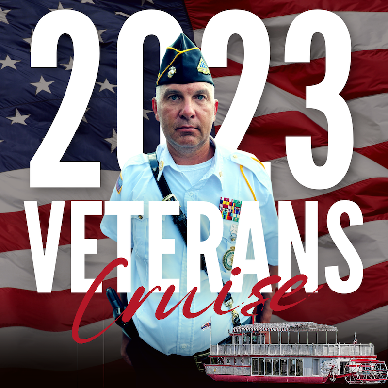 2023 Veterans Cruise event with a uniformed man in front of an American flag and a riverboat.