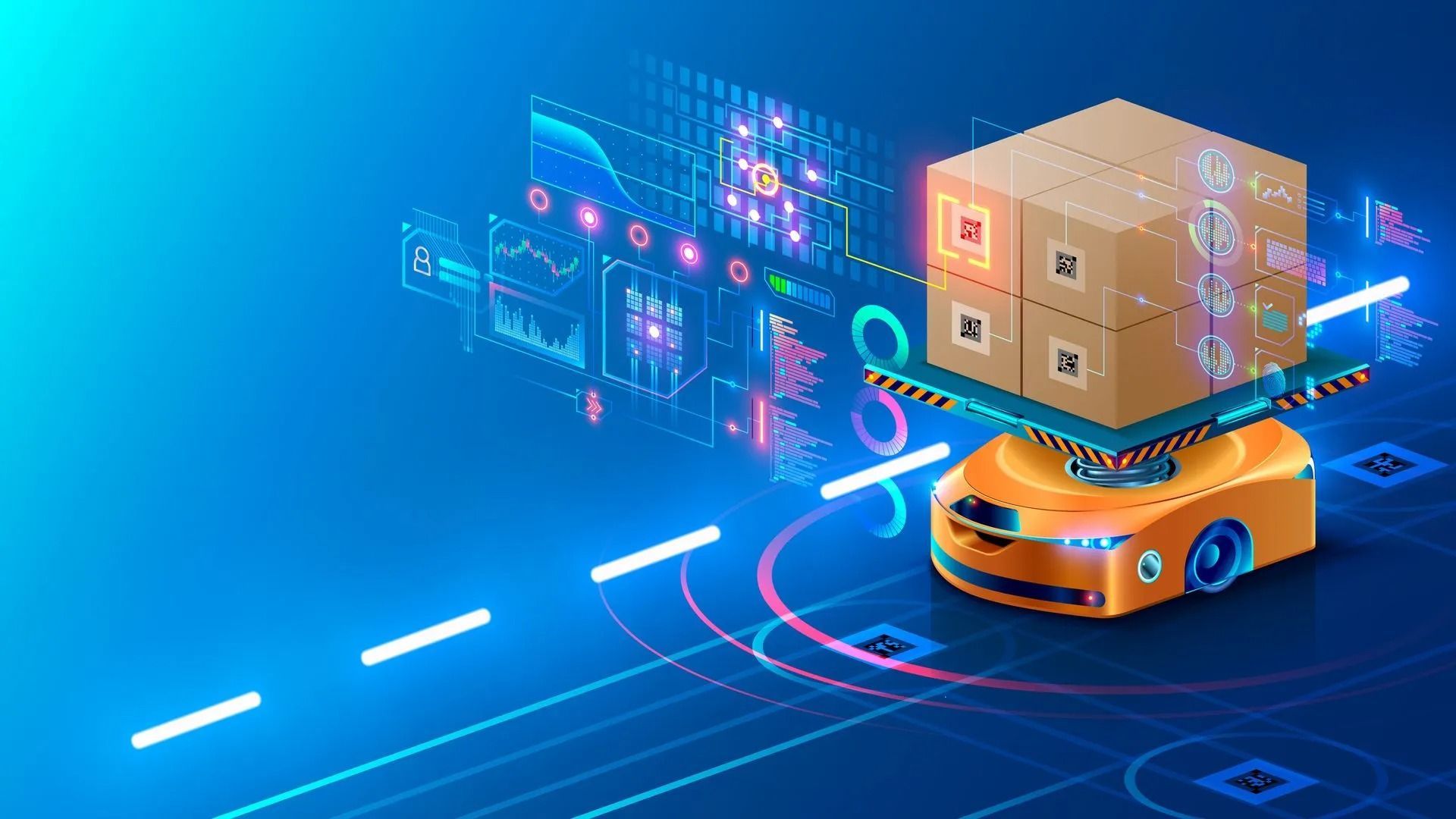 Autonomous robot transporting a cardboard box, set against a futuristic blue background with data visualization elements.