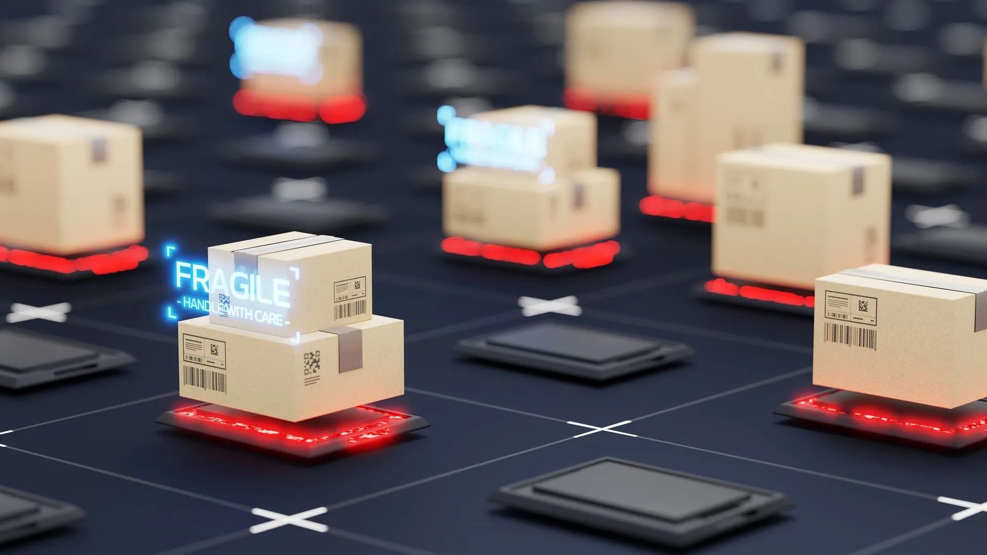 Cardboard boxes on glowing platforms in a warehouse setting, one labeled 