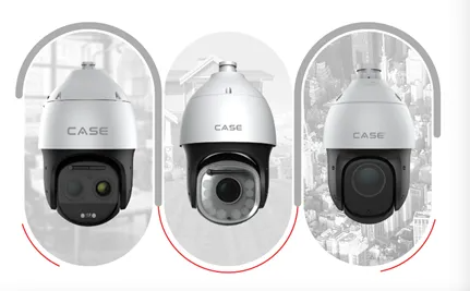 Three white and black security cameras labeled 