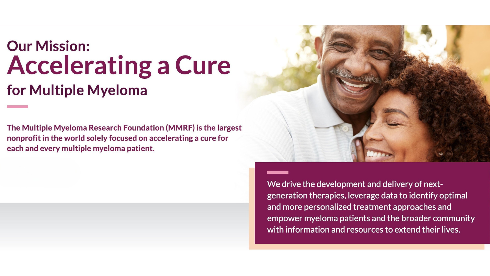 Smiling couple embracing; mission statement text