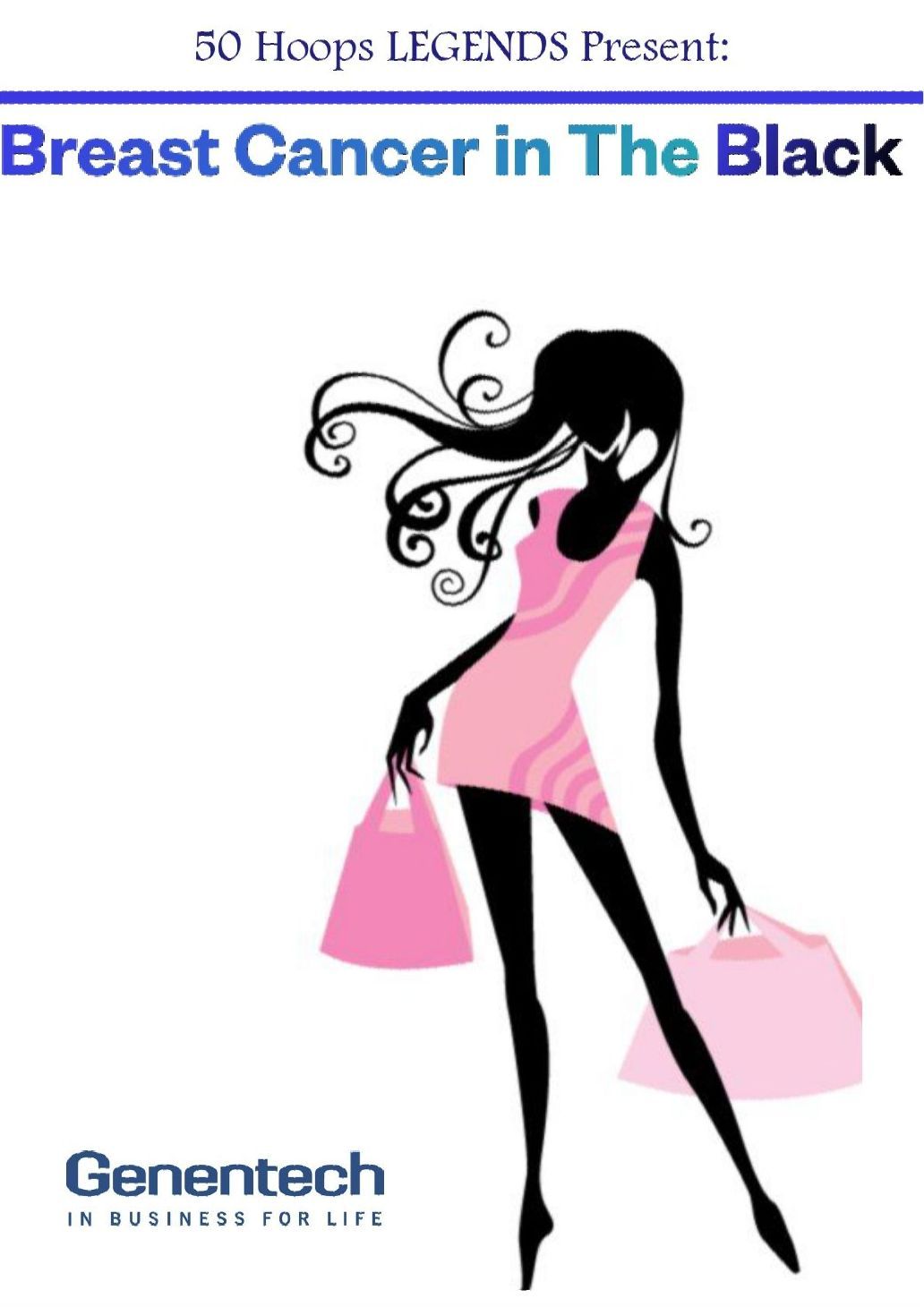 Poster for breast cancer awareness. A woman in pink, carrying bags, in silhouette. Genentech logo.
