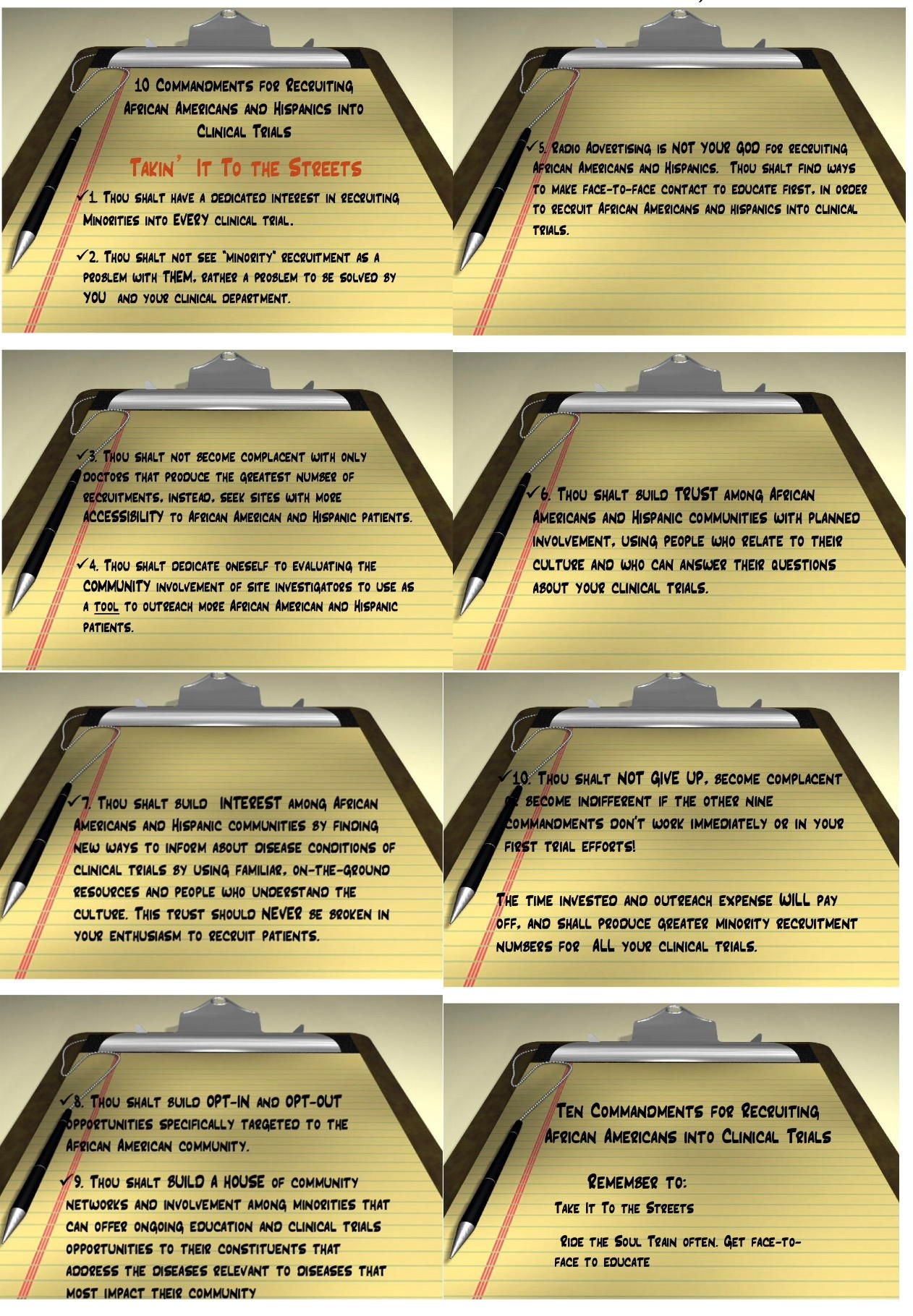 Clipboard with handwritten notes in 8 panels.