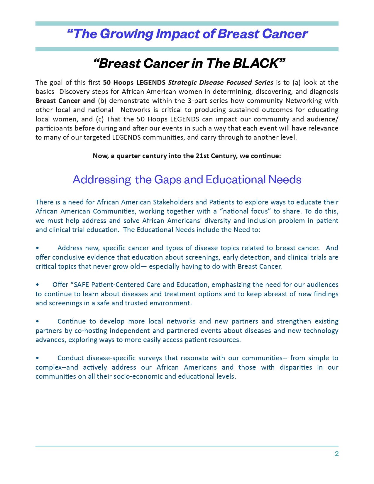 Text-based document on breast cancer, focusing on addressing gaps and educational needs.