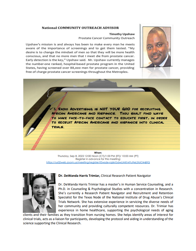 Community outreach article with portraits and text on a clipboard.