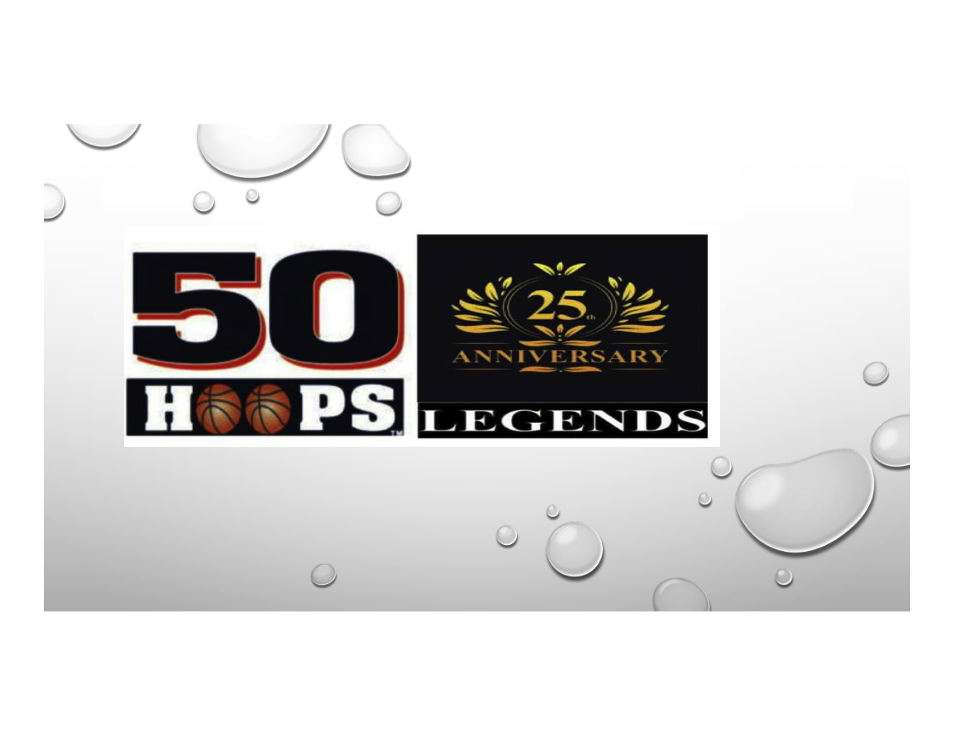 Logo celebrating 50 years of Hoops, 25th anniversary of Legends, with basketballs, black and gold.