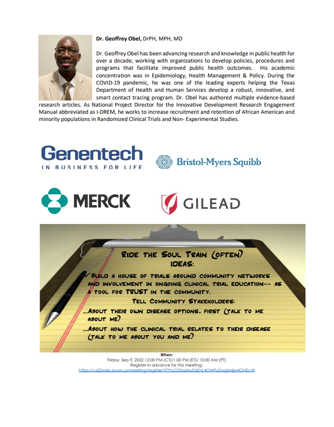 Dr. Geoffrey Bost, a man, and a notepad with ideas related to clinical trials. The text is handwritten, in yellow.