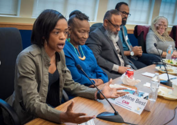 Woman speaking at a table with other people seated. They are in a conference room.