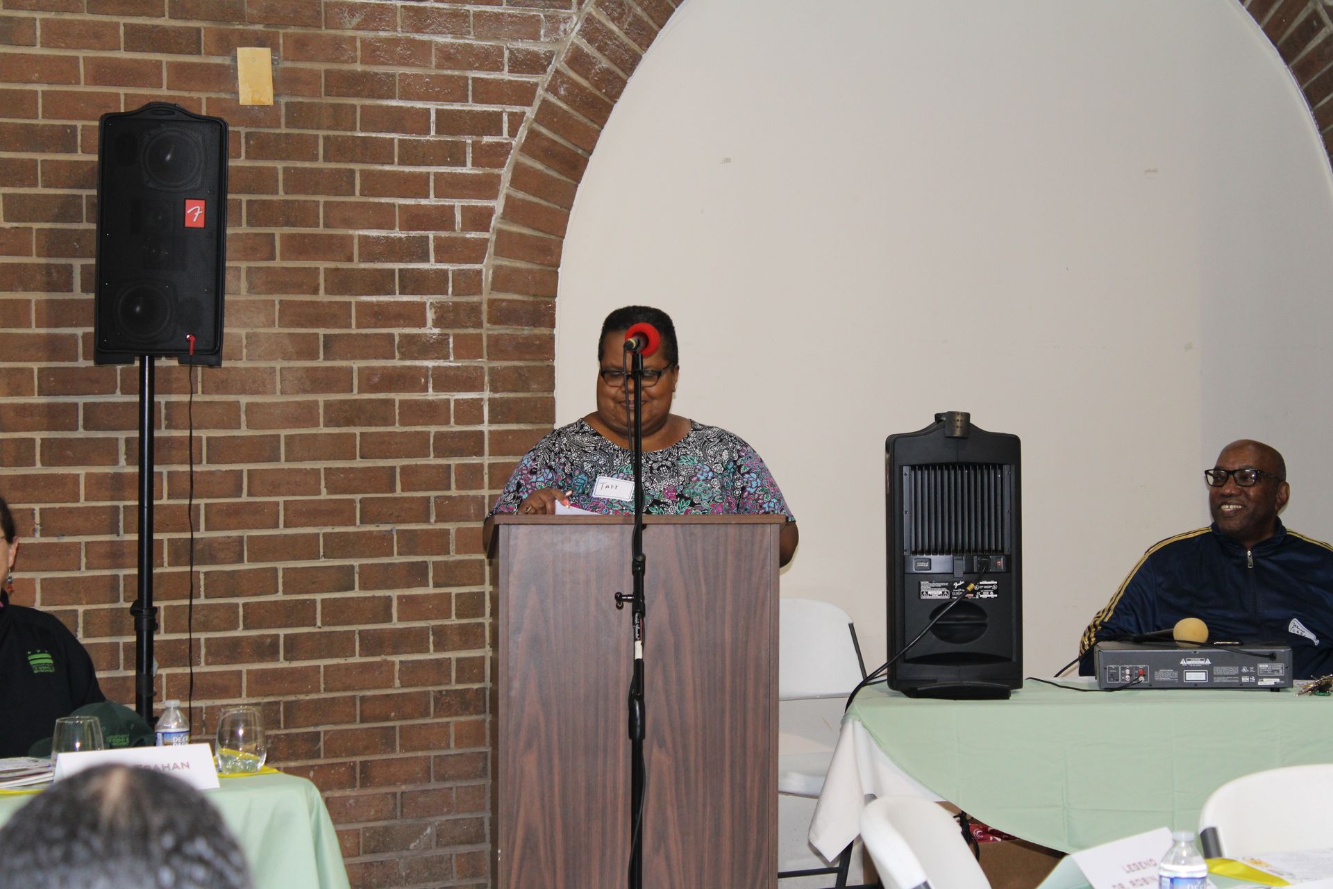 Woman at podium speaking during a panel discussion, in front of brick wall. Other panelists seated at table.