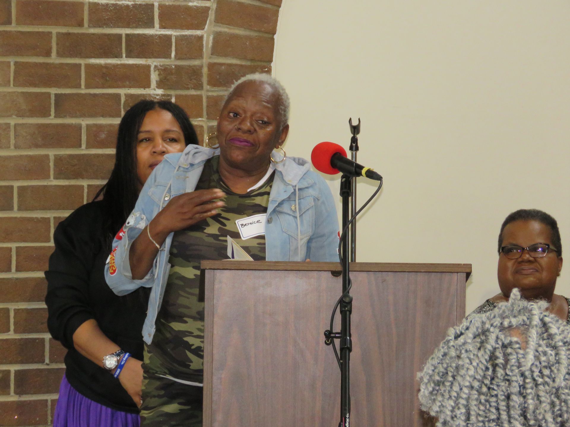 Woman speaking at a podium, gesturing with her hand, a microphone in front of her. 