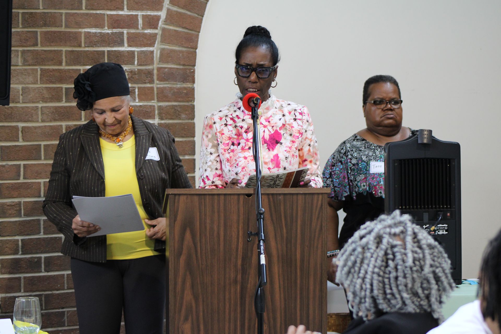 Three women at a podium: one speaking, two observing. Brick wall and speaker system in background.