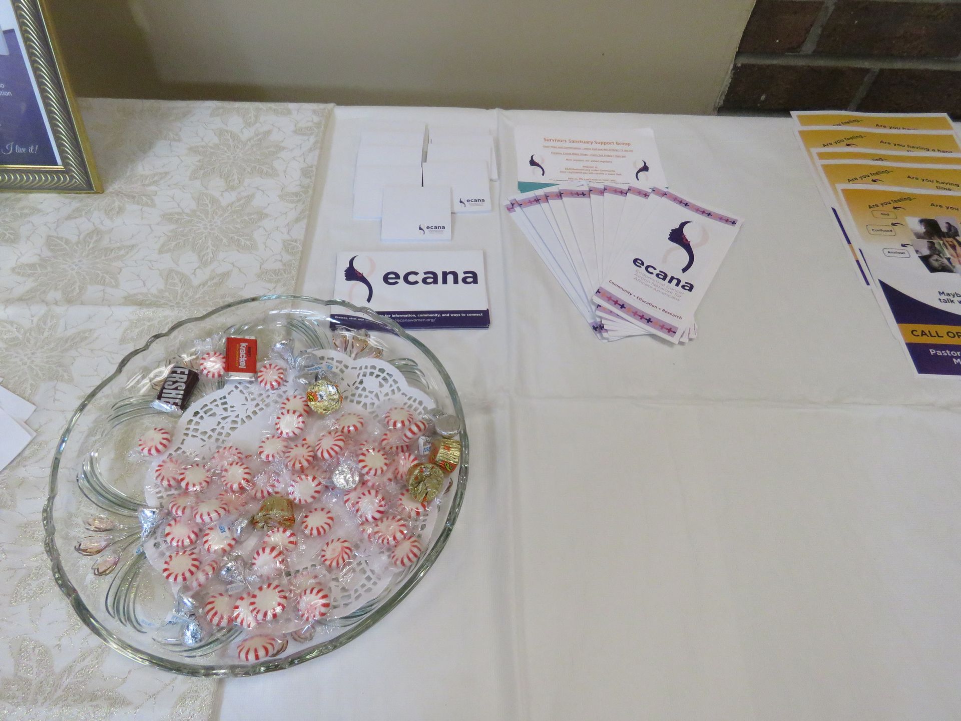 Table with candy, business cards, and promotional materials featuring the 