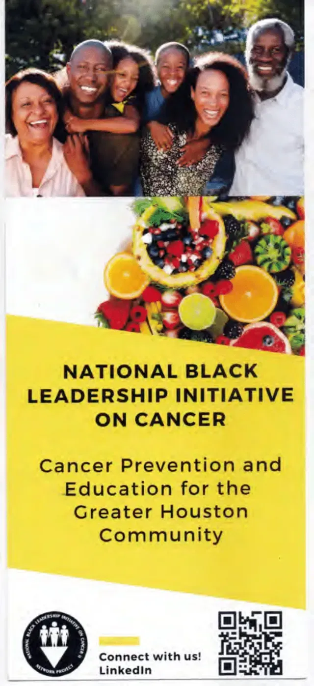 Flyer: Smiling family with fruits, promoting cancer prevention and education in Houston.