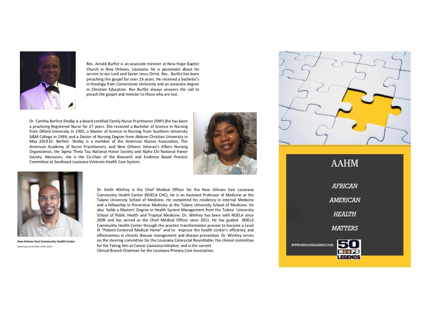 Page with photos and a puzzle. Photos of individuals, a logo for AAHM, and text.