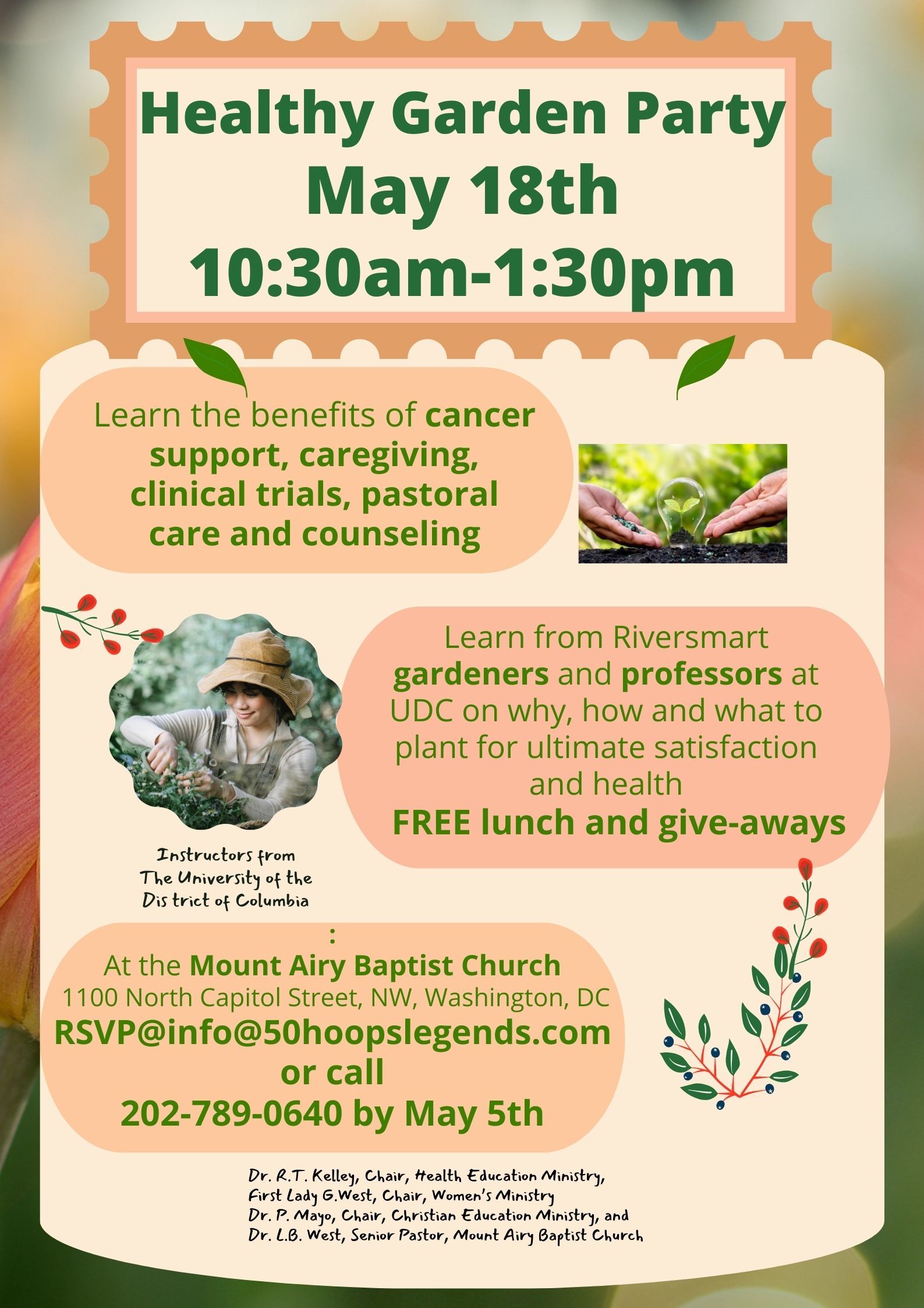 Flyer for a Healthy Garden Party on May 18th at Mount Airy Baptist Church with info on cancer support and gardening.