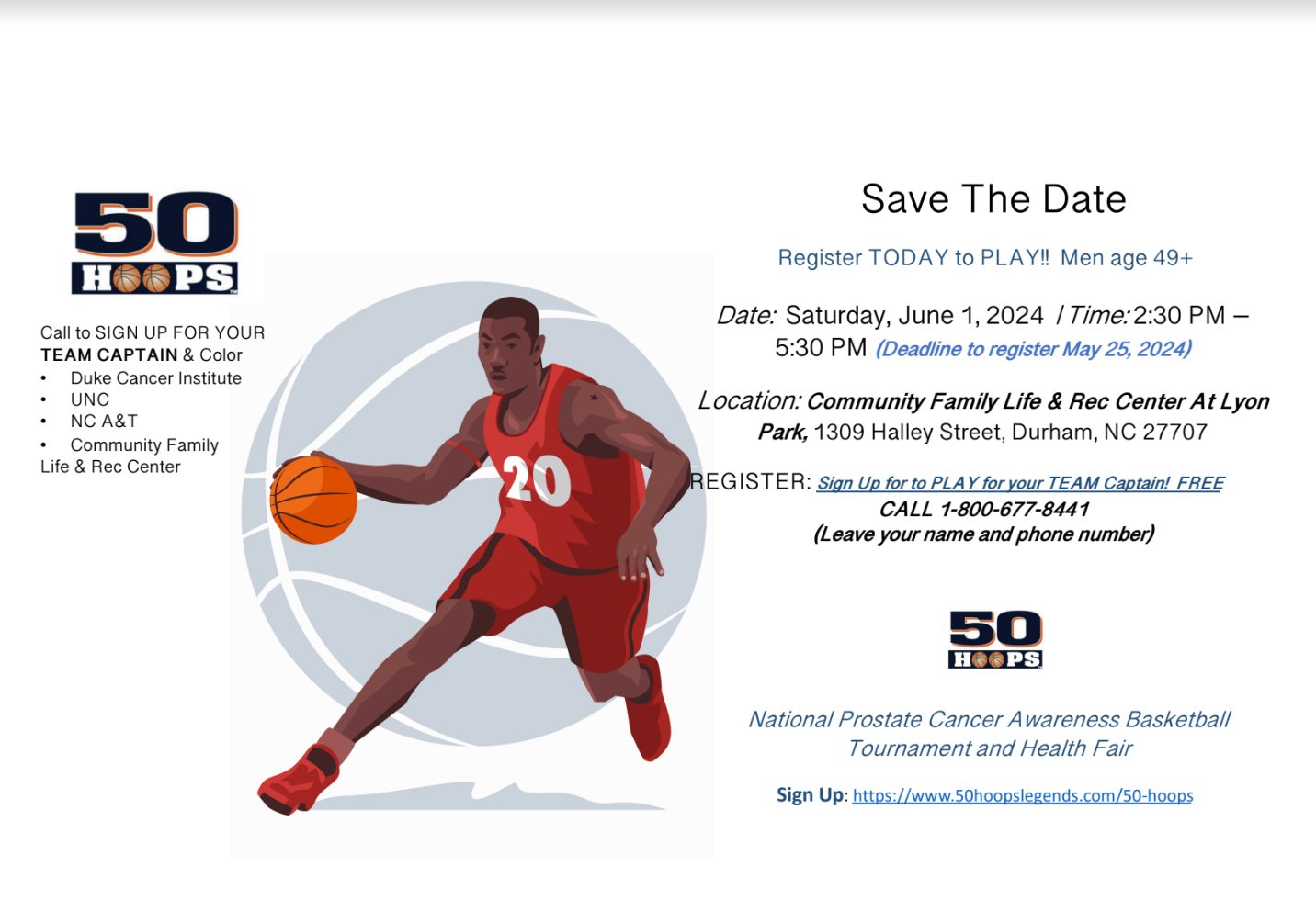 Basketball tournament flyer: player dribbling, event June 1, 2024 at Community Family Life & Rec Center in Durham, NC.