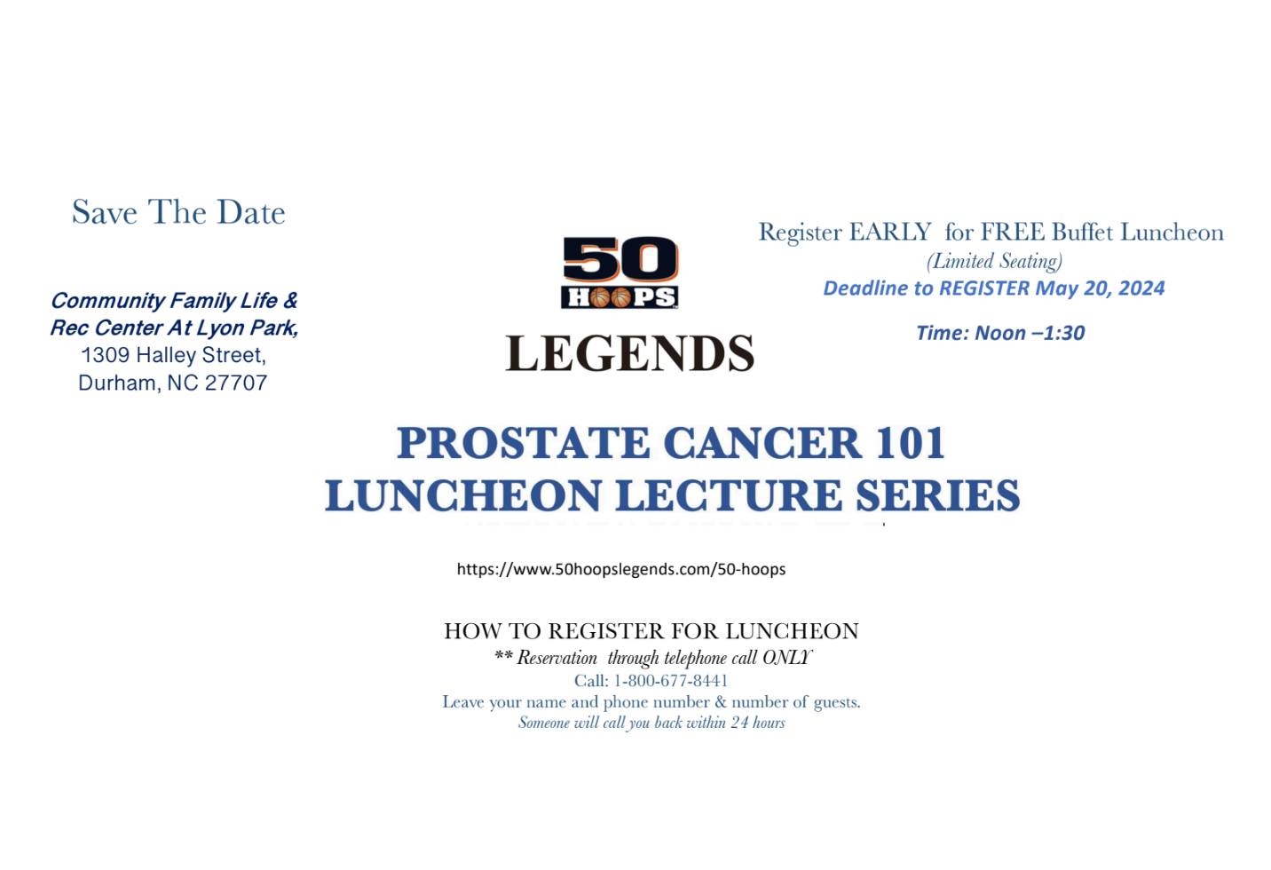 Flyer for Prostate Cancer 101 Luncheon Lecture Series at Community Family Life & Rec Center in Durham, NC.