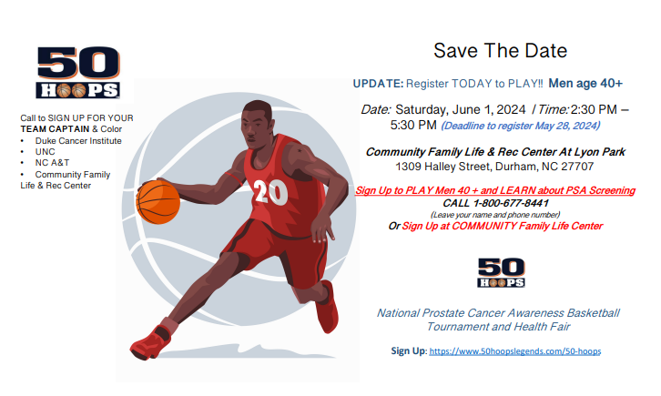 Basketball event flyer with a player dribbling. Includes event details: June 1, 2024, at Lyon Park in Durham.