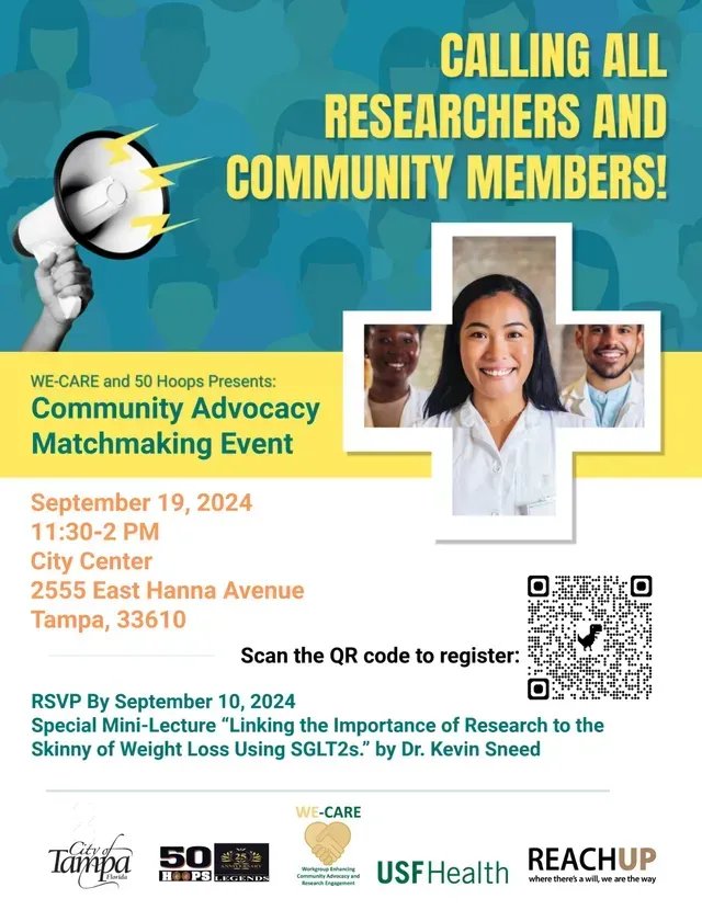 Poster for a community advocacy matchmaking event in Tampa. Features headshots, a QR code, and event details.