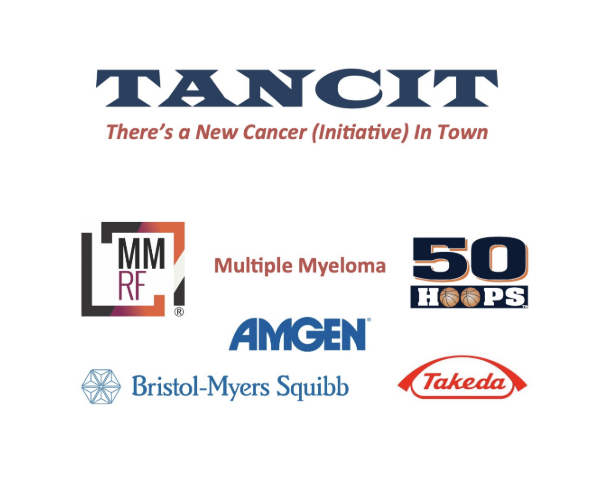 Logos for TANCIT initiative, Multiple Myeloma Research Foundation, Amgen, Bristol-Myers Squibb, Takeda, and 50 Hoops.