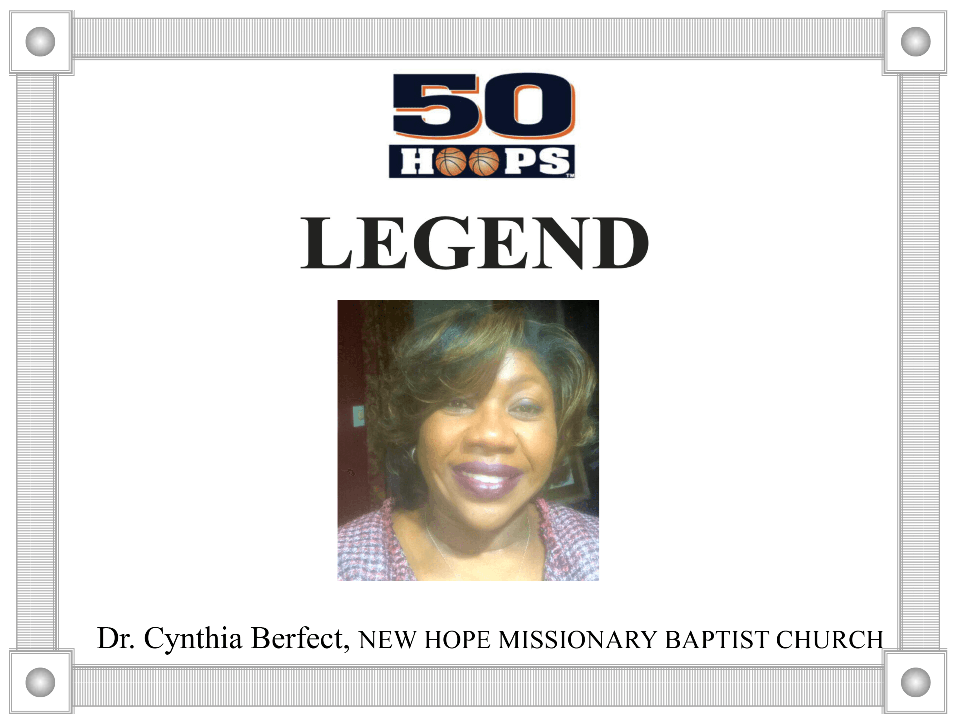 Certificate honoring Dr. Cynthia Berfect, labeled 