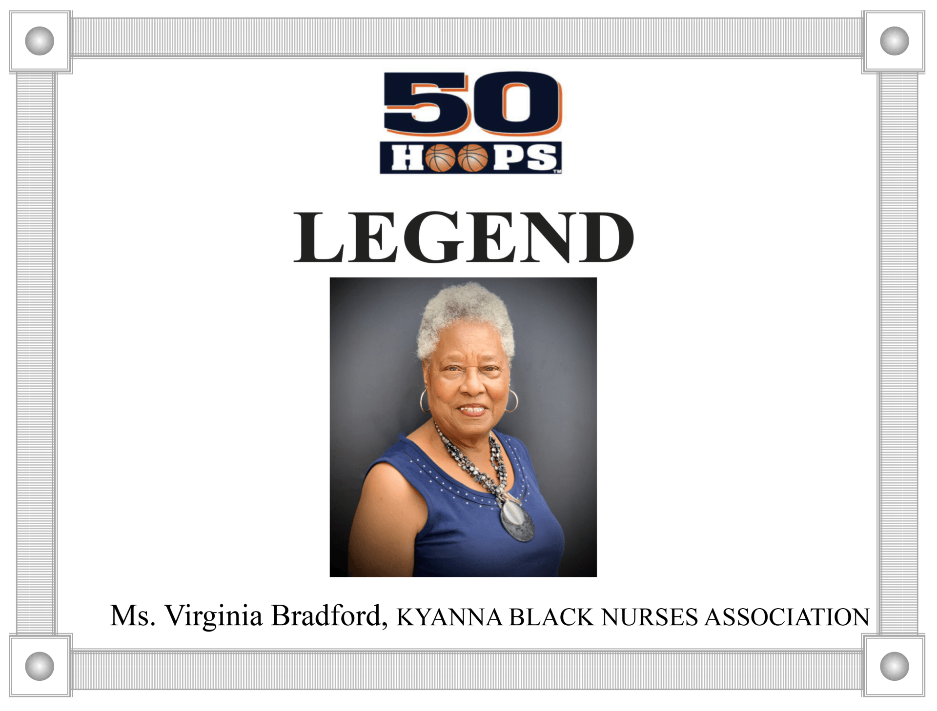 Award plaque for Ms. Virginia Bradford, KYANNA BLACK NURSES ASSOCIATION, labeled 