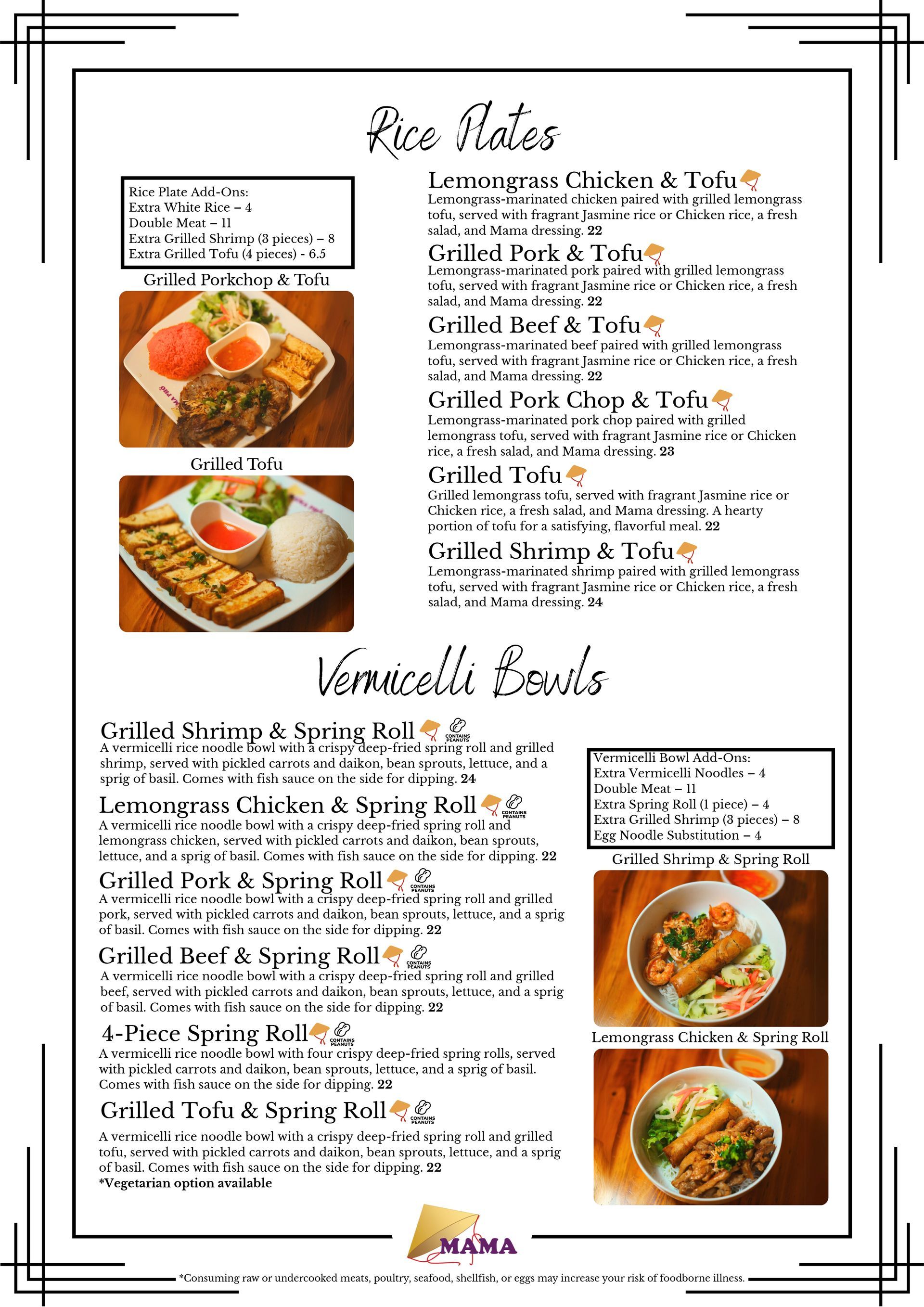 A menu for a restaurant with pictures of food on it.