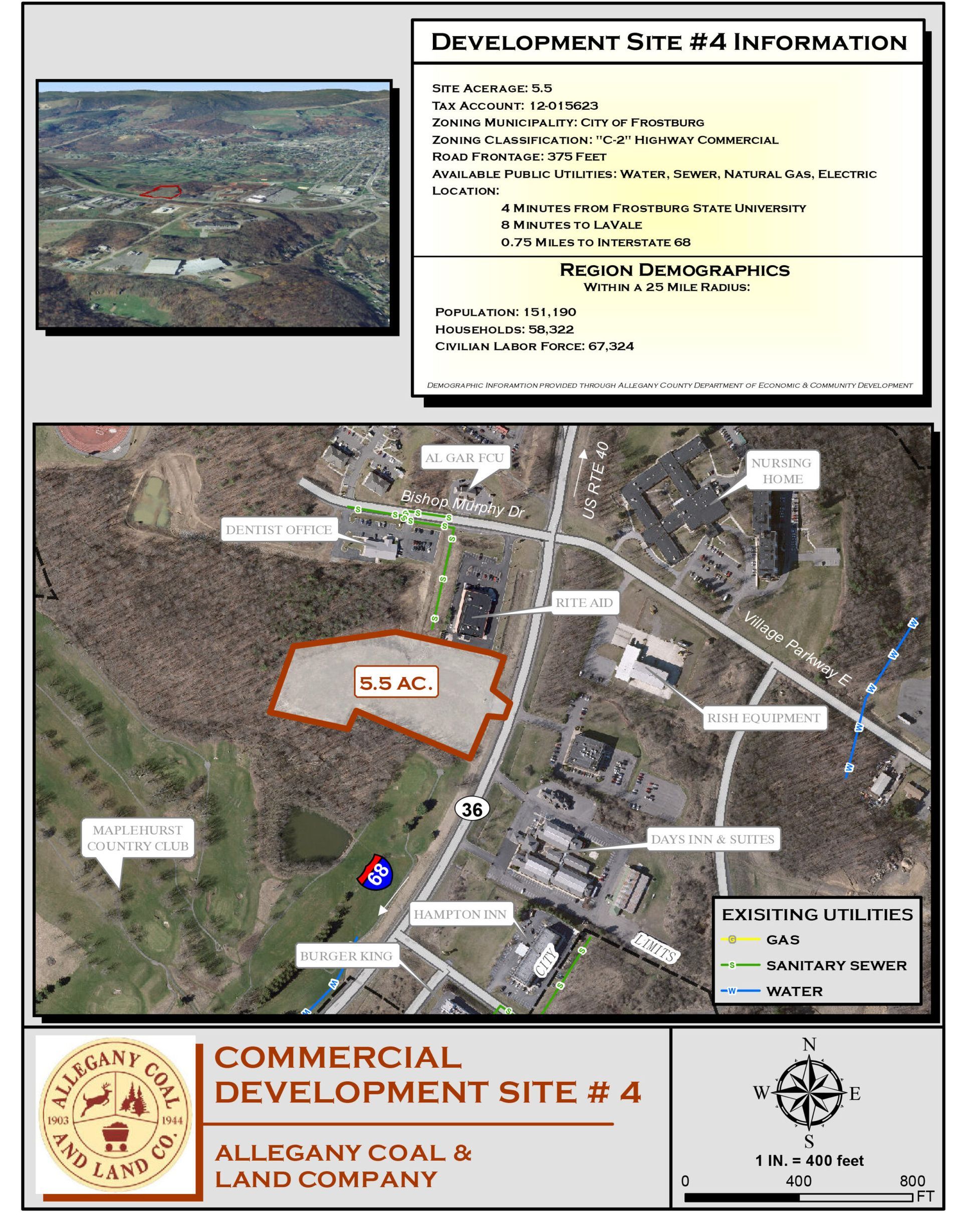 Aerial view of Commercial Development Site #4, with map, property details, and Allegany Coal & Land Company logo.