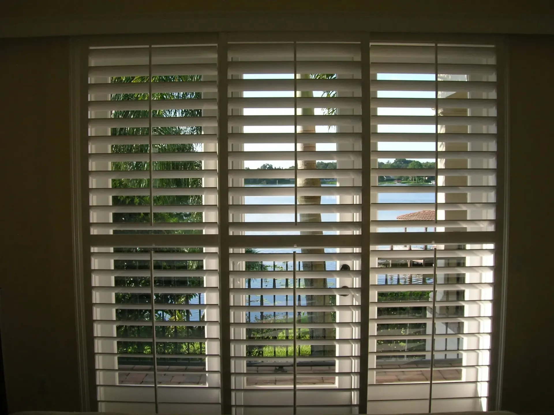 White window blinds partially open, showing a bright outdoor view of houses and trees.