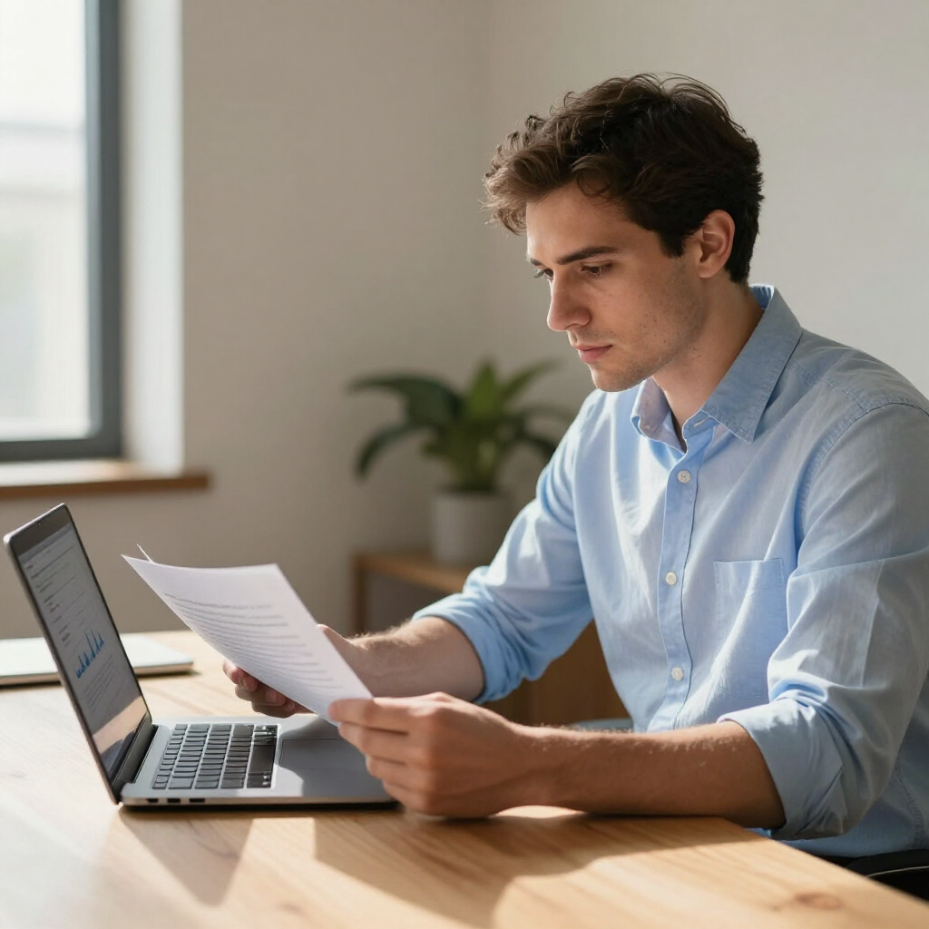 Hombre leyendo periódicos junto a un ordenador portátil abierto en un escritorio en una habitación luminosa.