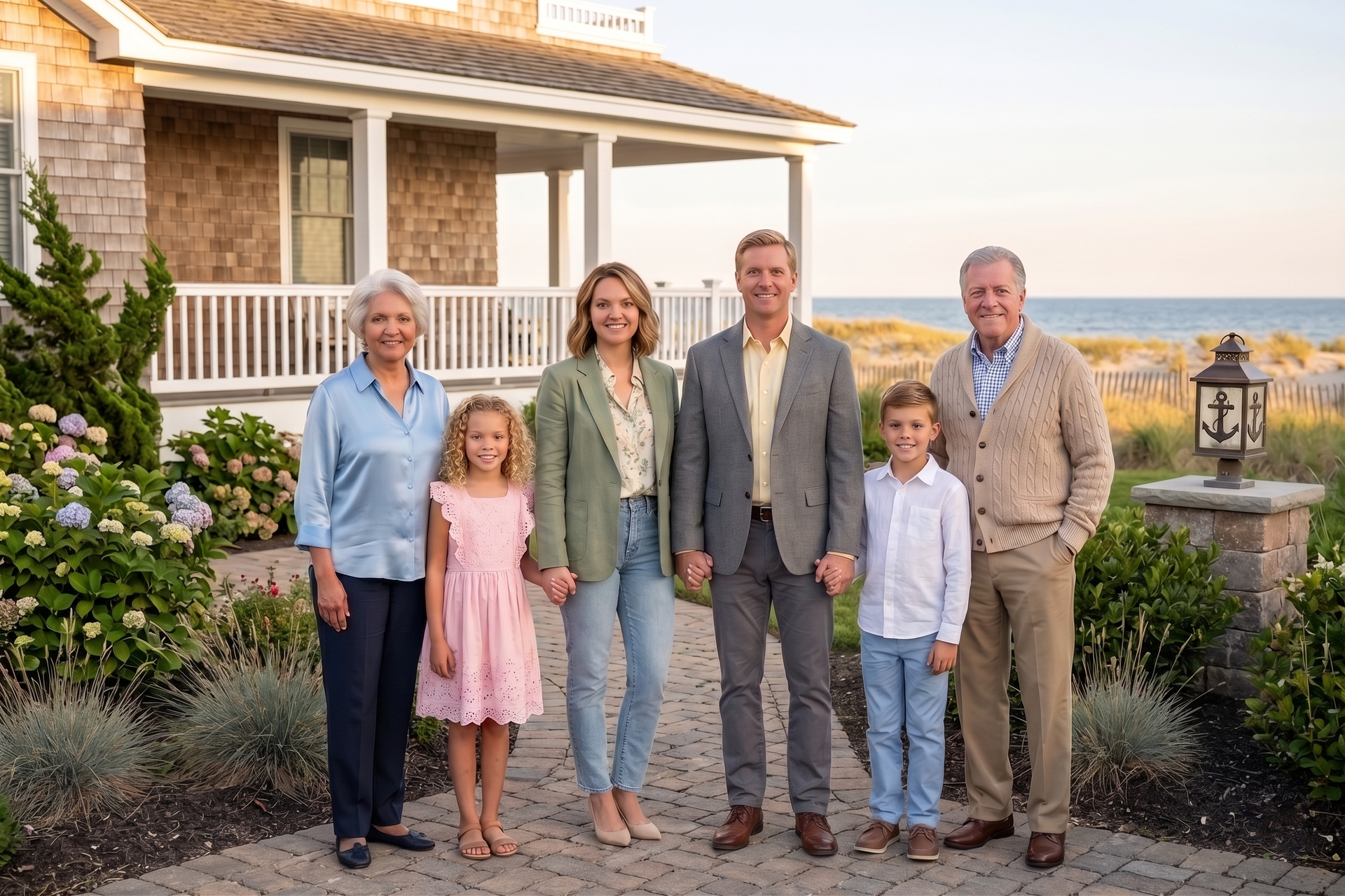 Family of five posing outside a seaside house at sunset, with ocean and garden in the background.