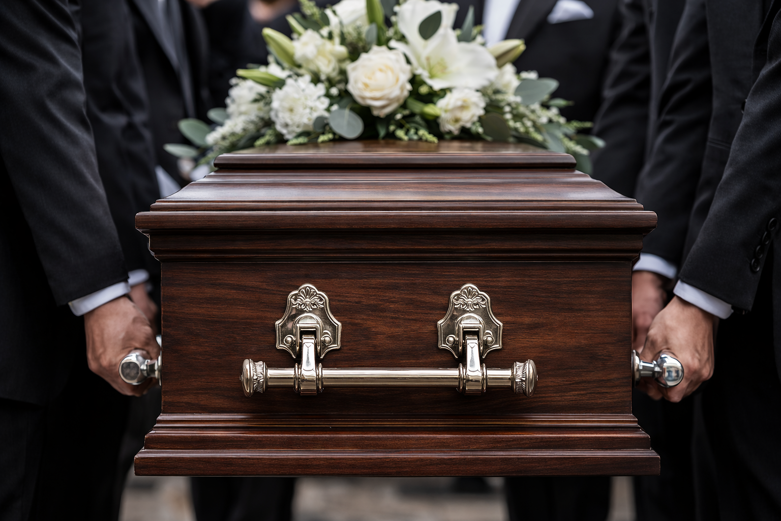 Casket with white floral arrangement, carried by pallbearers in black suits