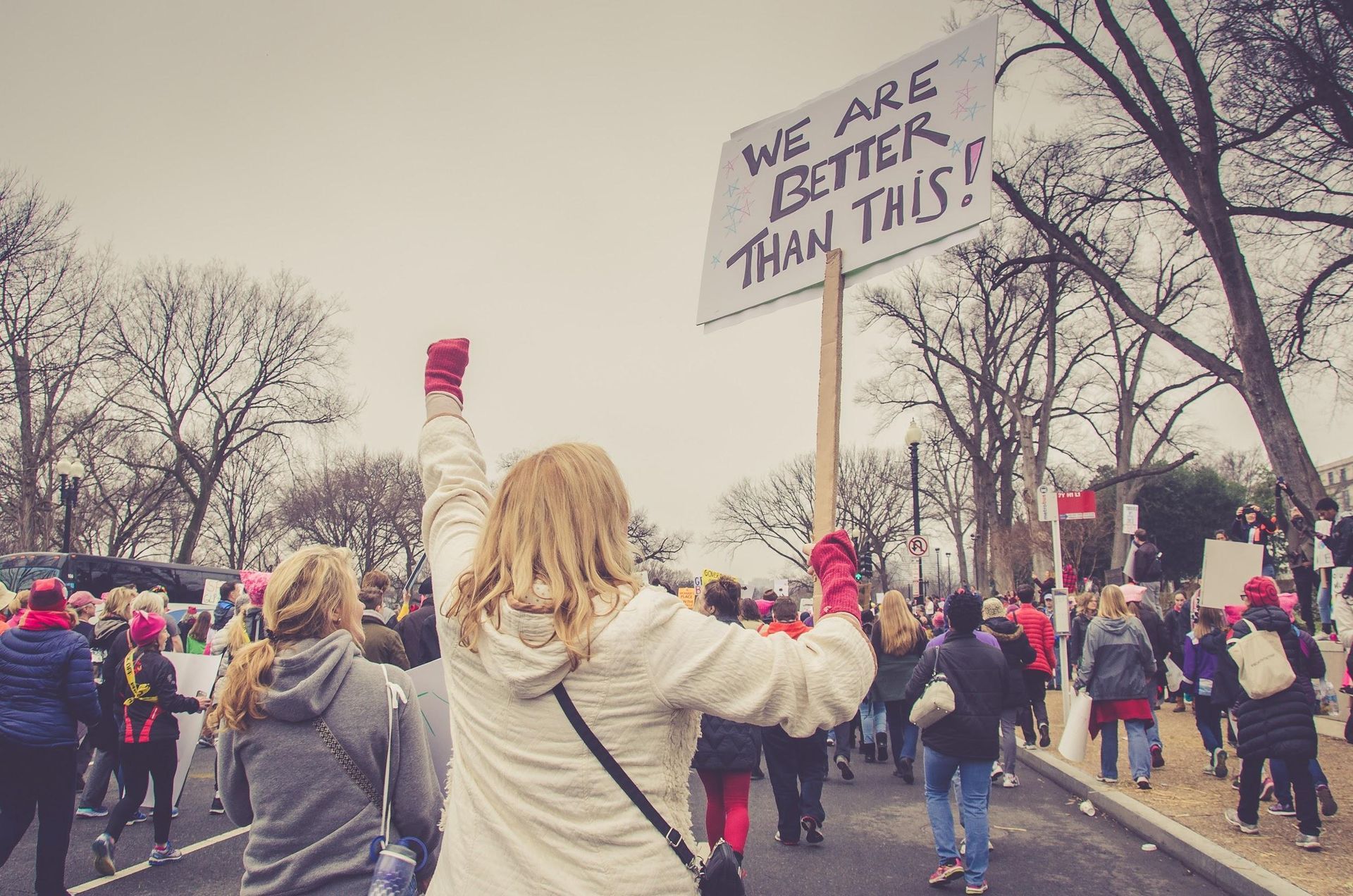 A woman is holding a sign that says `` we are better than this ''. A woman is holding a sign that says `` we are better than this ''.